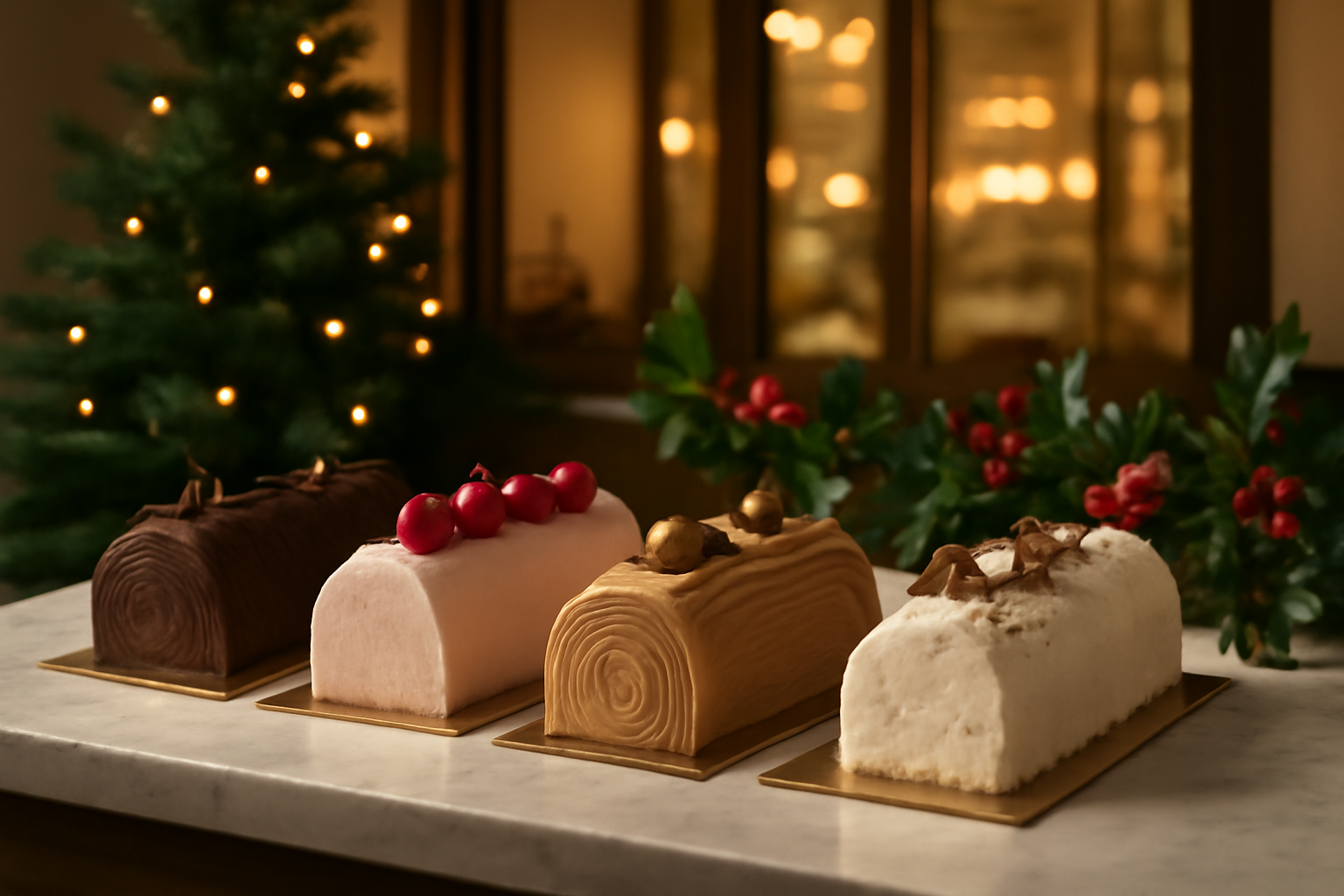 Bûches de Noël artisanales présentées en vitrine de pâtisserie