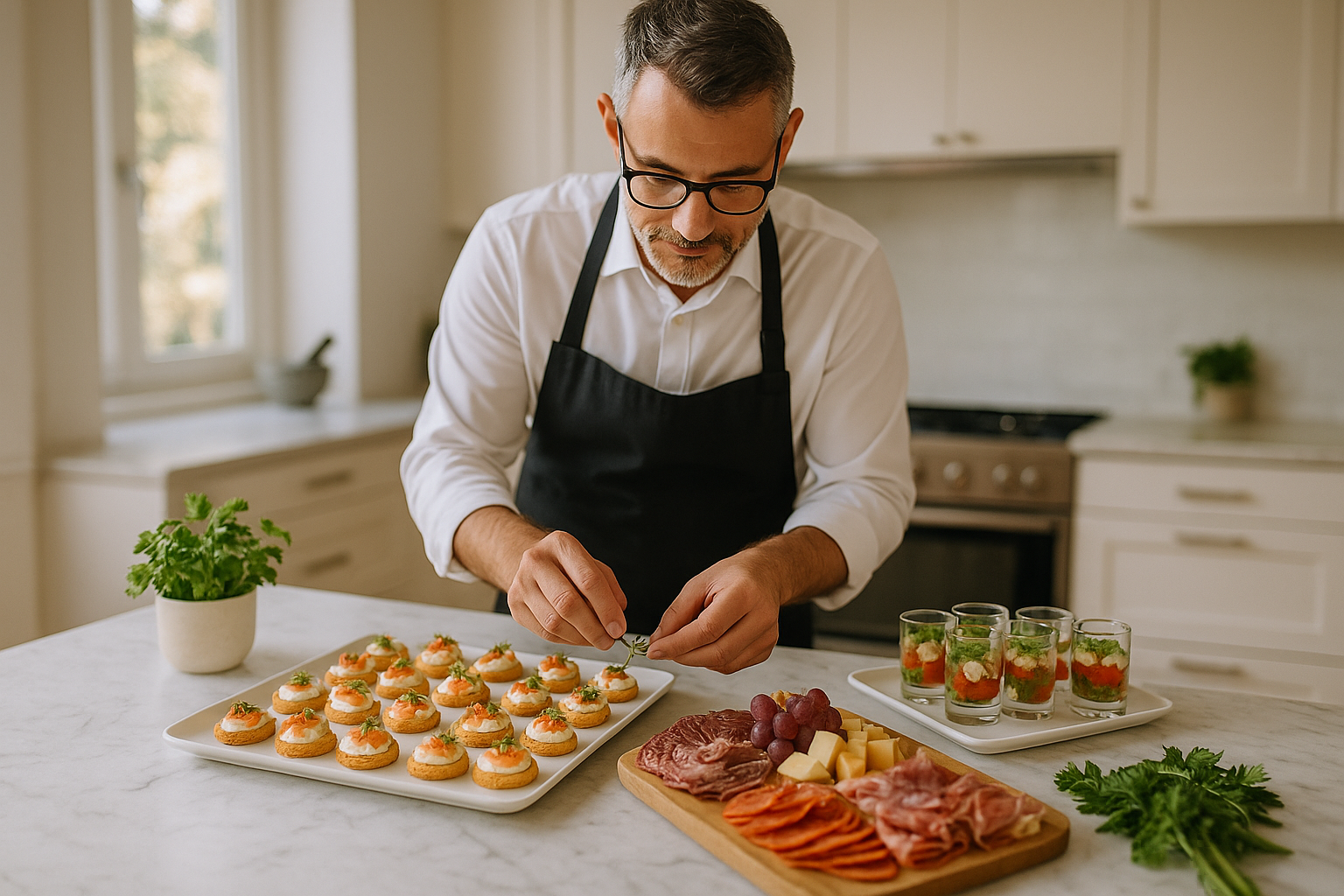 Traiteur à domicile préparant un buffet raffiné dans une cuisine lumineuse