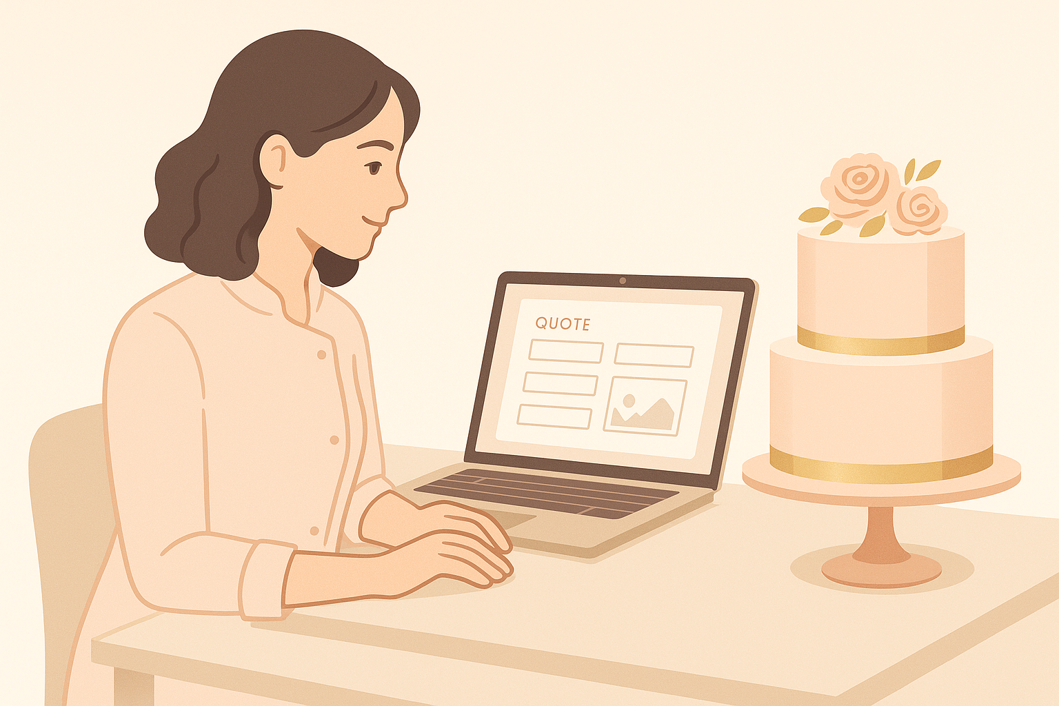 Illustration d'une cake designer remplissant un formulaire de devis en ligne pour un gâteau sur mesure