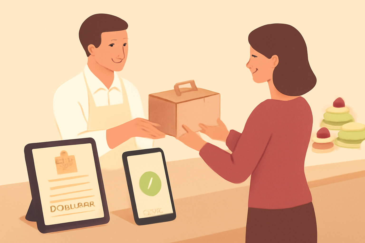 Pâtissier remettant une commande click & collect à une cliente au comptoir