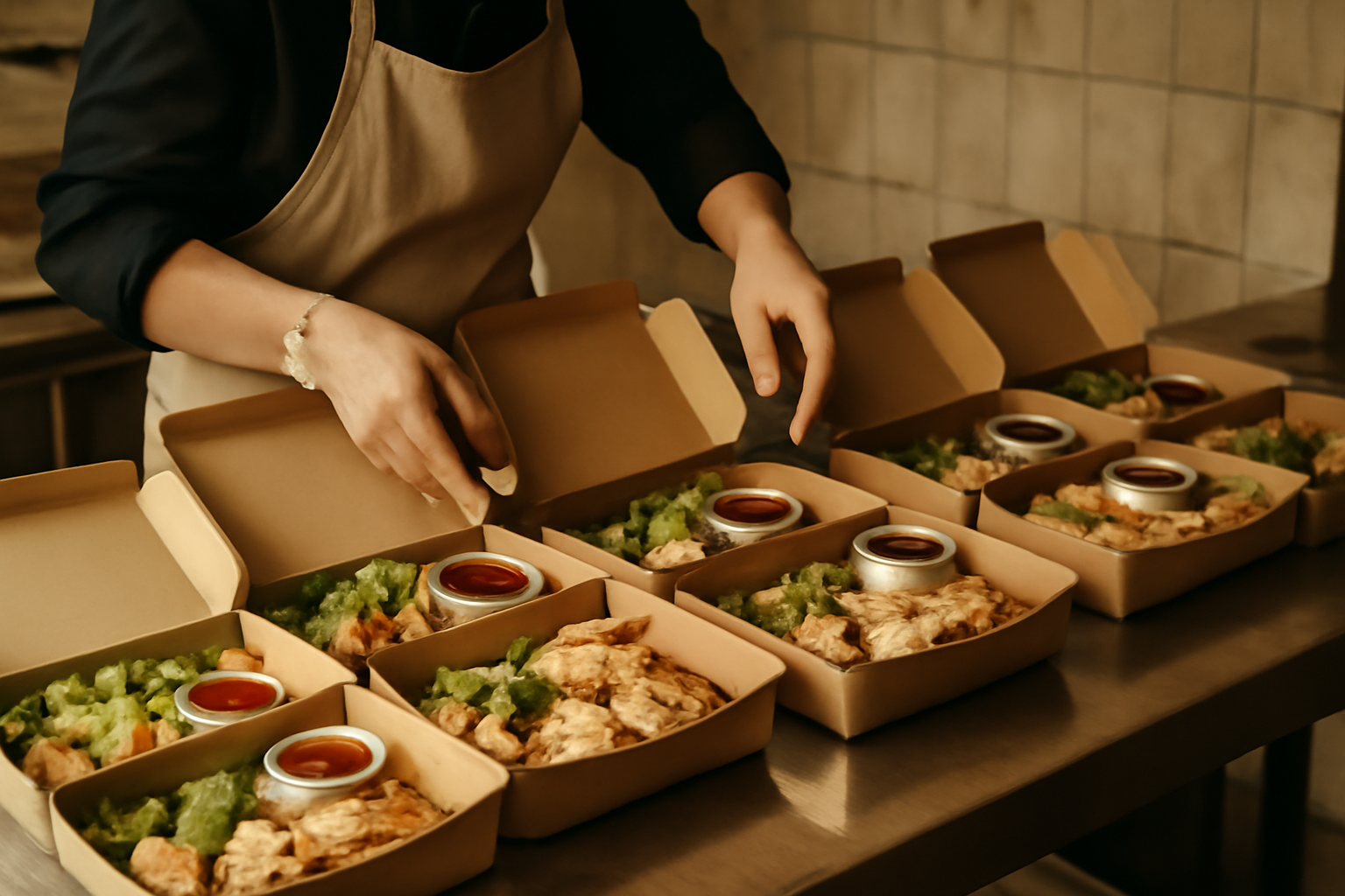 Traiteur préparant des plateaux-repas individuels haut de gamme en cuisine professionnelle